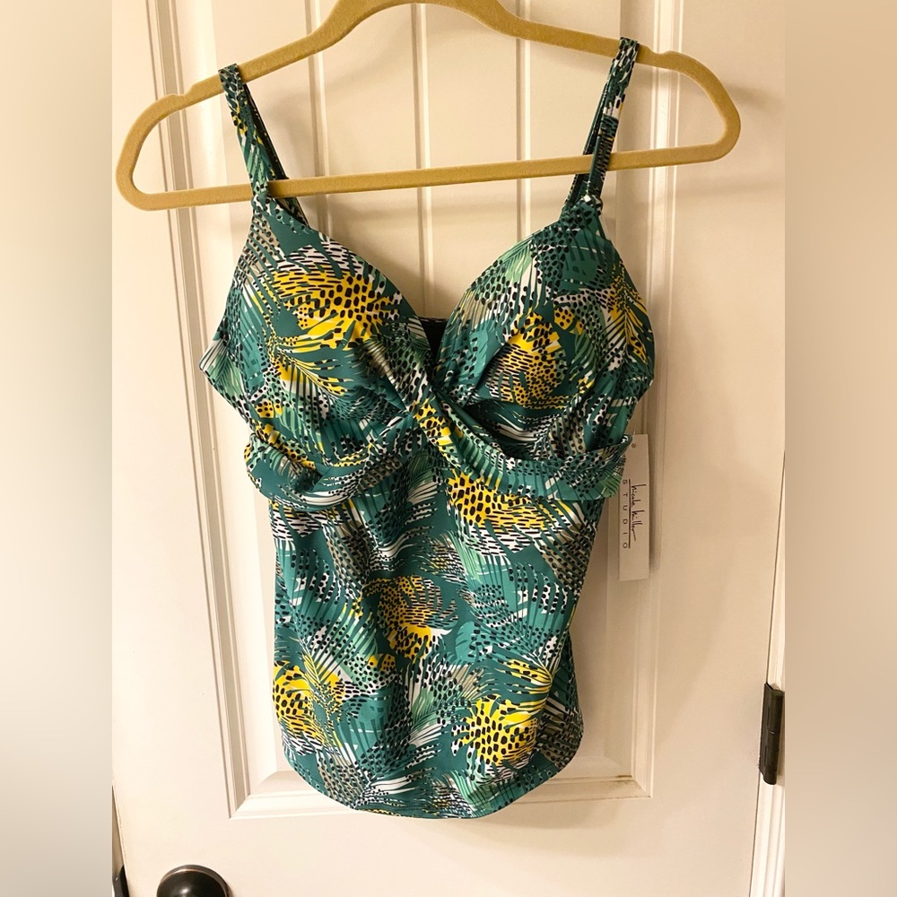 NWT Nicole Miller Ruched Tankini Top Palm Leaves